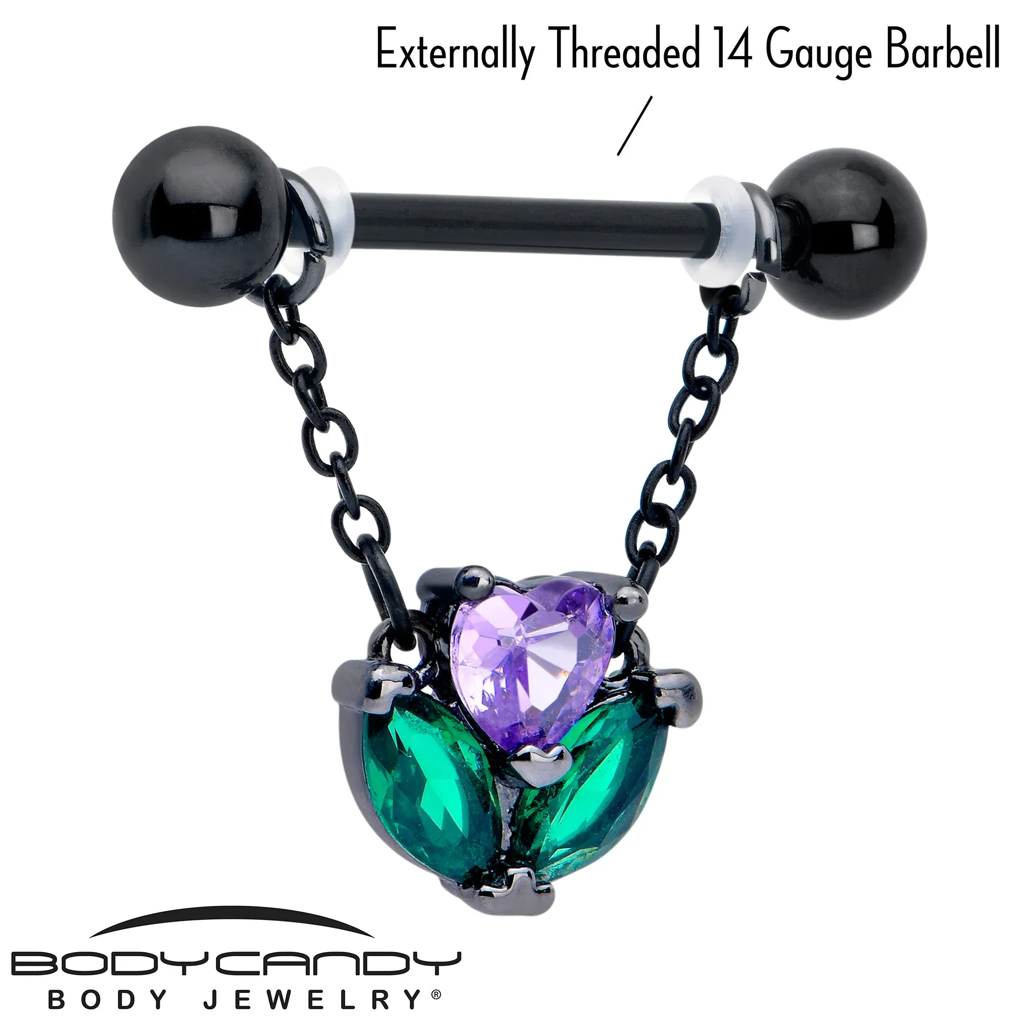 14 Gauge 9/16 Purple CZ Gem Black Love Flower Dangle Nipple Ring Set
