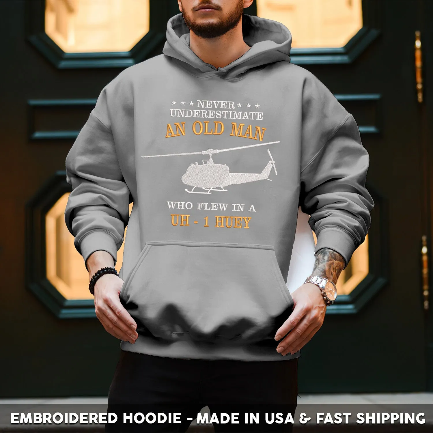 Embroidered T-Shirt - Never Underestimate An Old Man Who Flew In A UH 1 Huey